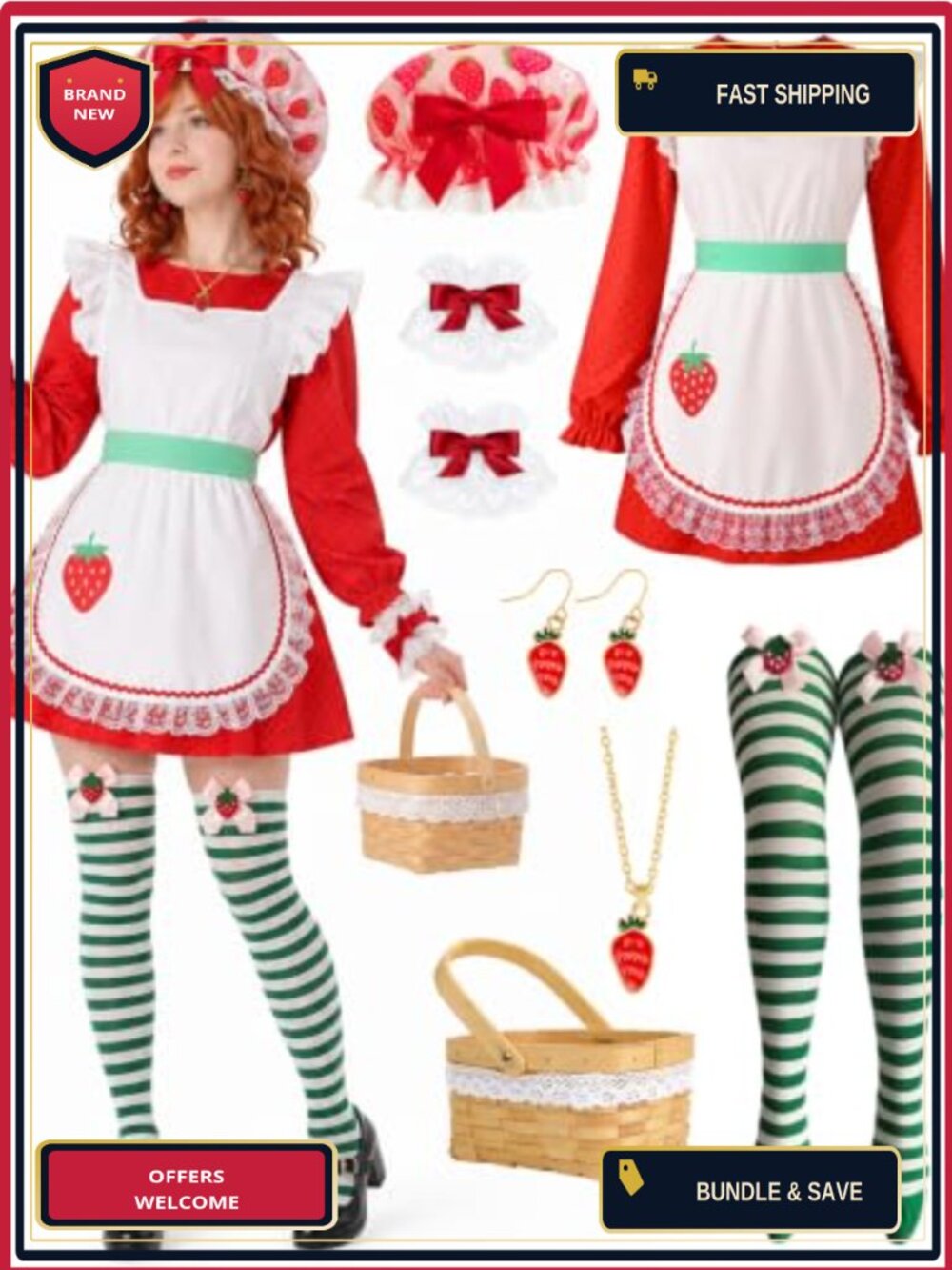 11PCS Strawberry Costume Set for Women Halloween Cosplay Dress Apron Accessories
